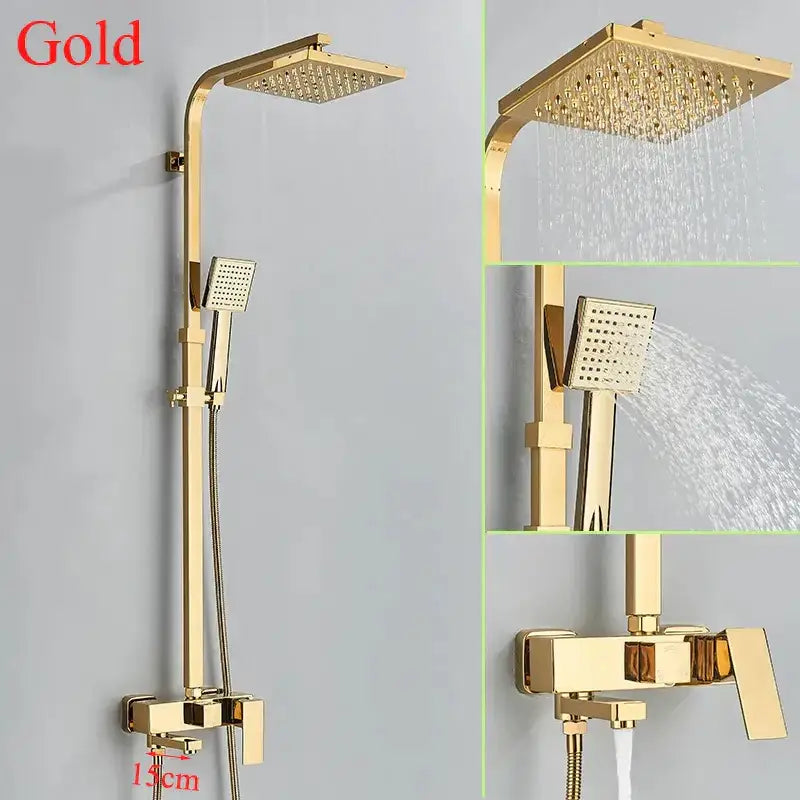Decorbites 8 inch gold shower faucet set with square rainhead handheld spray and wall mount control valve
