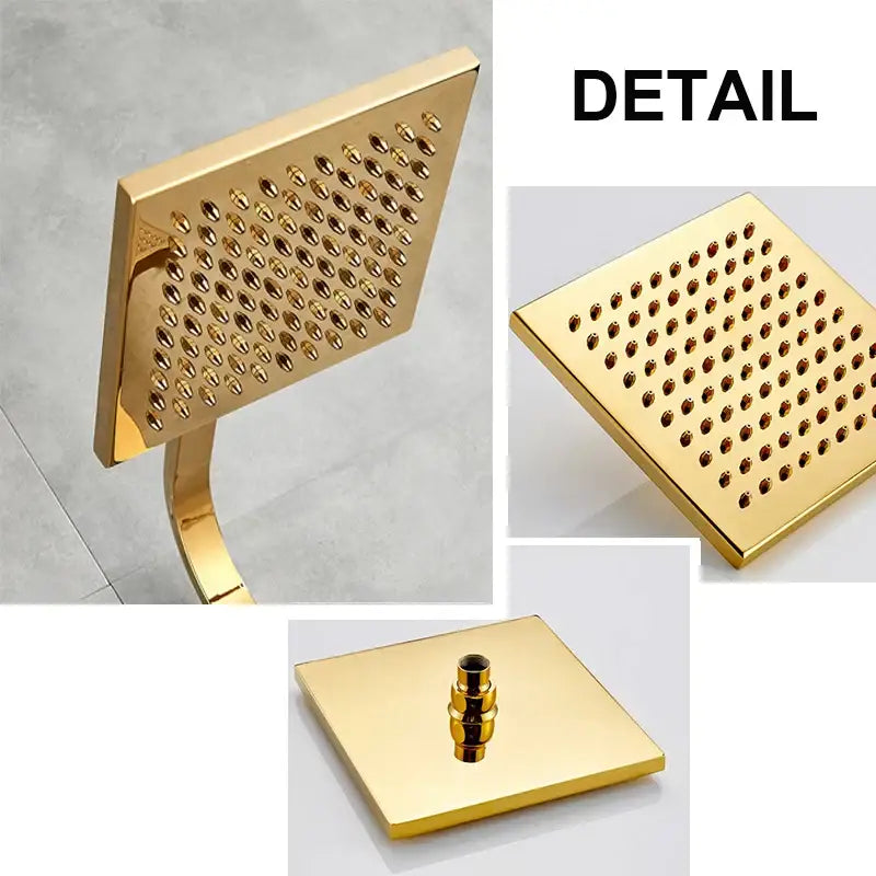 Gold-colored 8 inch square rainfall shower faucet set with grid nozzles and matching mounting base by DecorBites