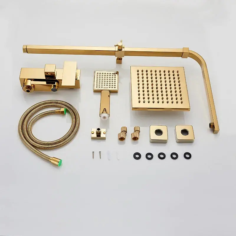 Decorbites gold-finished brass shower faucet set with 8 inch square rainhead handheld spray and wall mount bar