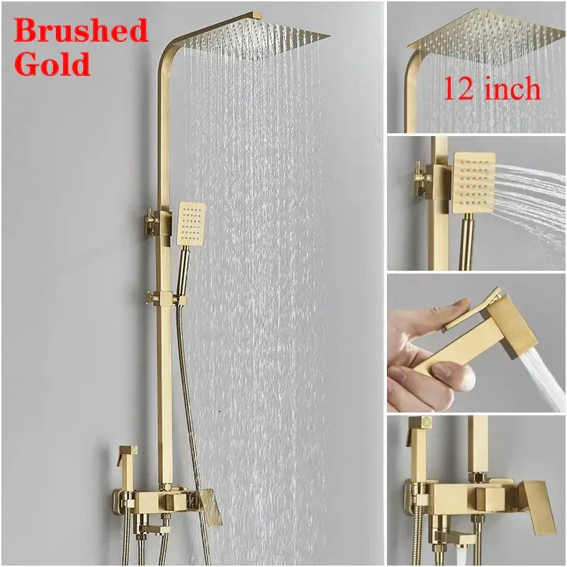 Brushed gold 12-inch rainfall shower head with handheld and spray nozzle attachments in decorbites shower faucet set