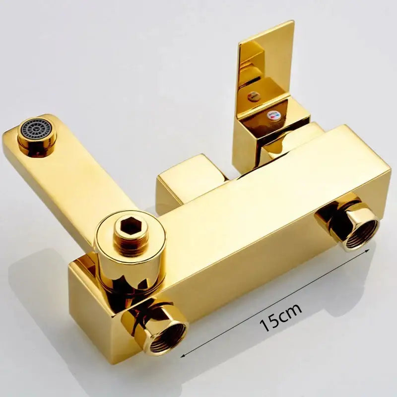 Gold-colored rectangular wall mount shower faucet set with sleek modern design and multiple connection points by decorbites