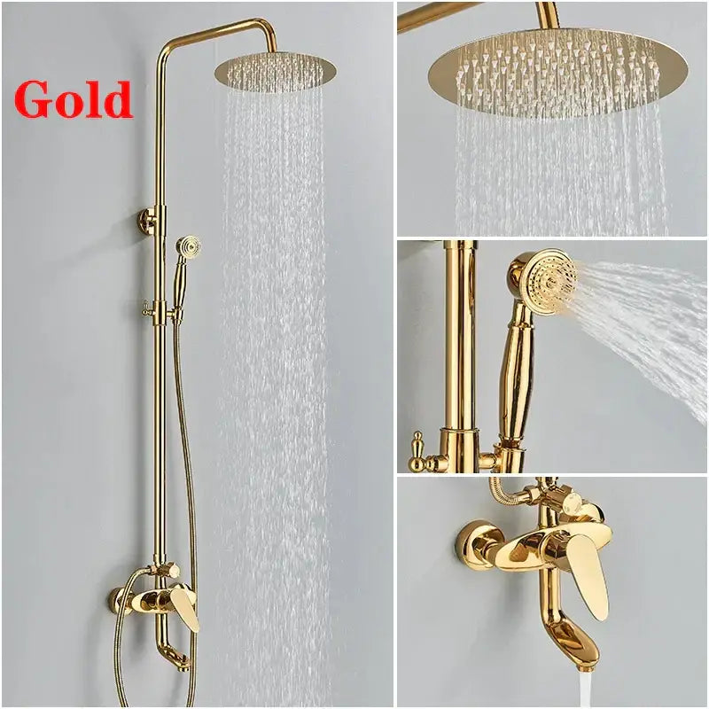 Decorbites 8 inch square rainfall shower faucet set features gold finish with rainhead handheld spray and wall mount valve
