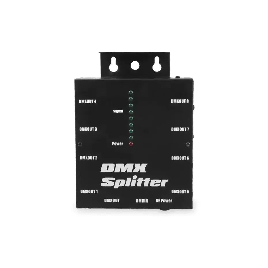 Black rectangular DecorBites 8-way dmx optical splitter with eight labeled output ports and indicator lights for stage lighting