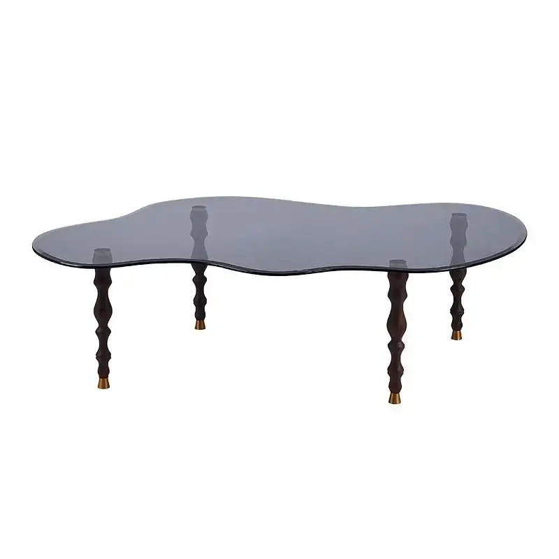 Decorbites™ solid wood dark gray glass coffee table with twisted wooden legs and brass caps for living room use
