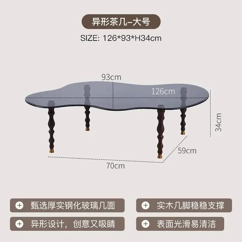 Decorbites™ solid wood coffee table with dark gray tempered glass top and gold-capped wooden legs for living room