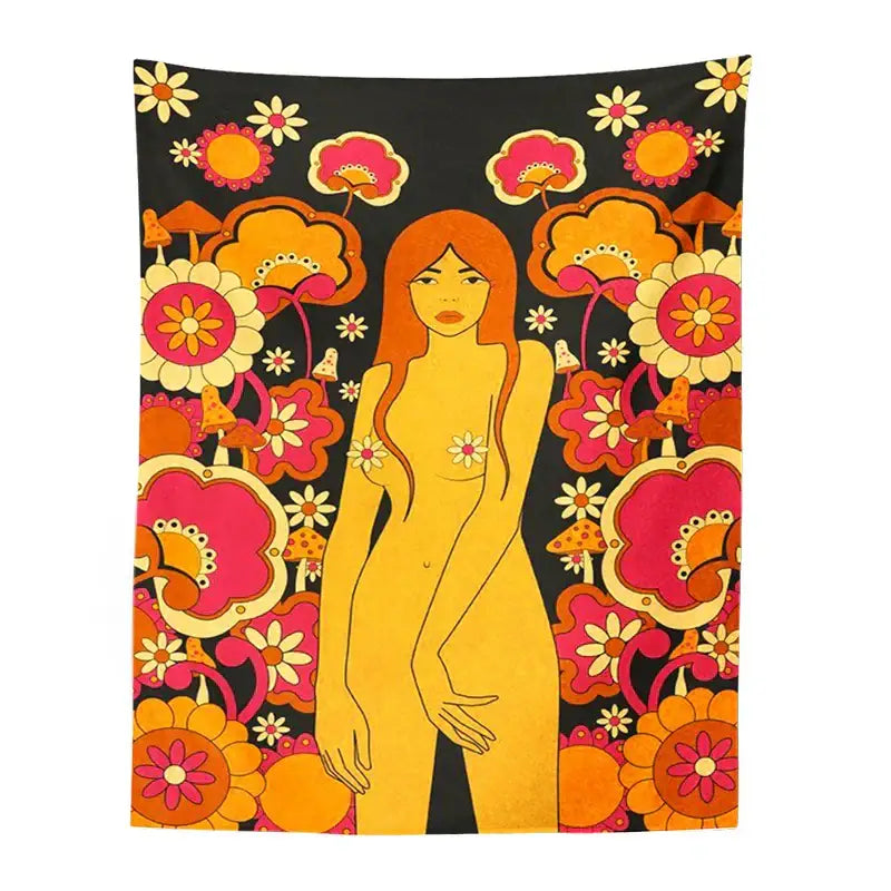 Vibrant decorbites 80s vintage floral wall tapestry with golden figure and bold pink orange yellow flowers on black background