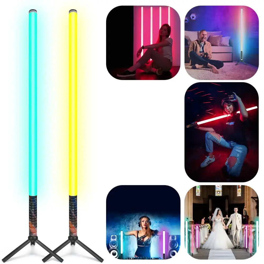Two 85cm decorbites mood lighting sticks with black tripod stands and cyan and yellow illuminated ends for parties