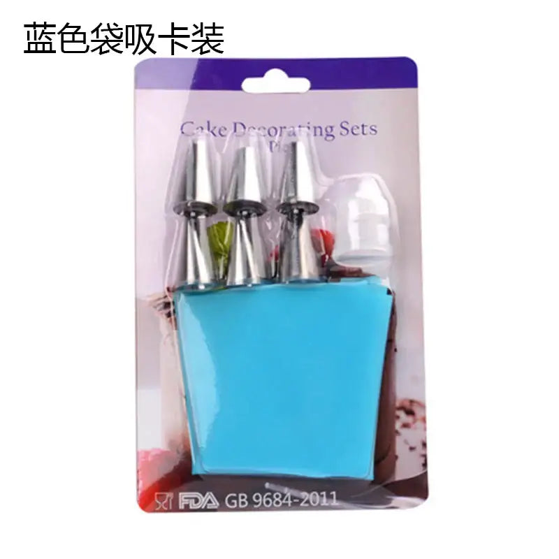 Blue silicone piping bag with three metallic tips and clear container from DecorBites 8pc silicone piping and 6pc nozzle set