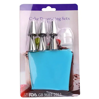 Set of three metallic nozzles in a blue silicone carrying case from decorbites 8pc silicone piping bag and 6pc nozzle set