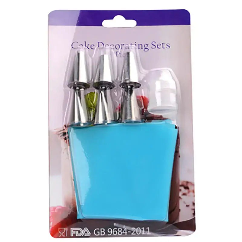 Set of three metallic nozzles in a blue silicone carrying case from decorbites 8pc silicone piping bag and 6pc nozzle set