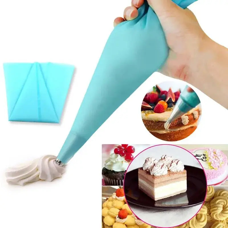 Teal silicone piping bag with metal tip from decorbites™ 8pc silicone piping and 6pc nozzle set decorating cake