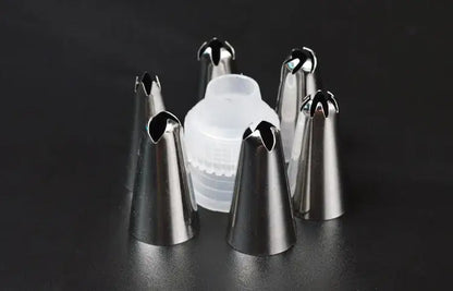 Set of six stainless steel piping tips in a clear plastic case for the DecorBites 6pc nozzle set and 8pc silicone piping bag
