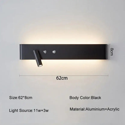Black rectangular wall light switch with aluminum and acrylic design featuring integrated adjustable spotlight for living room