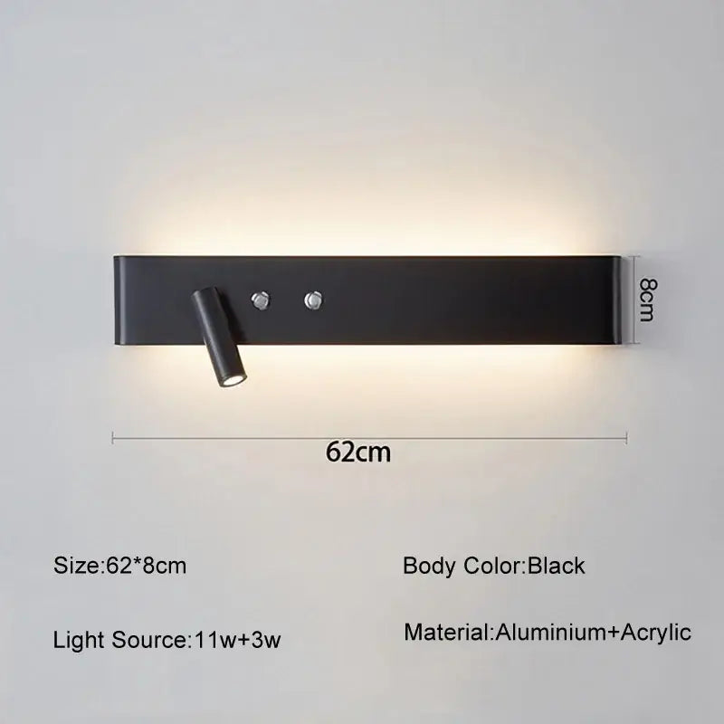 Black rectangular wall light switch with aluminum and acrylic design featuring integrated adjustable spotlight for living room