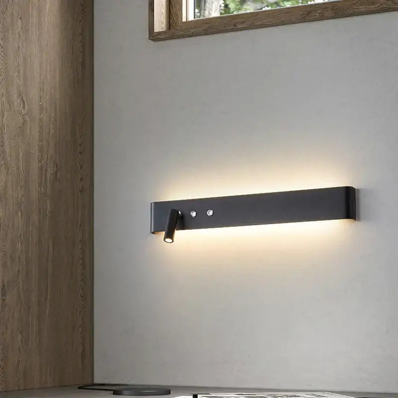 Black matte aluminum wall light switch with sleek rectangular design and adjustable spotlight for living room and bedroom
