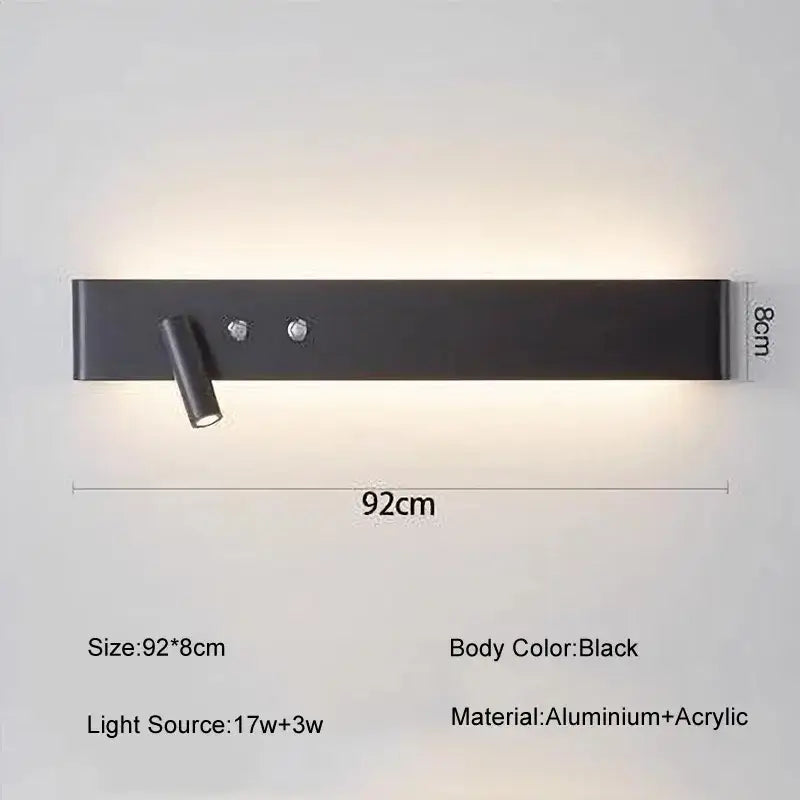 Black rectangular wall light switch with adjustable spotlight and aluminum body for living room and bedroom use