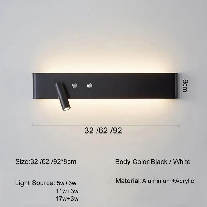 Black minimalist aluminum DecorBites long LED wall light with adjustable spotlight and wall light switch for living room