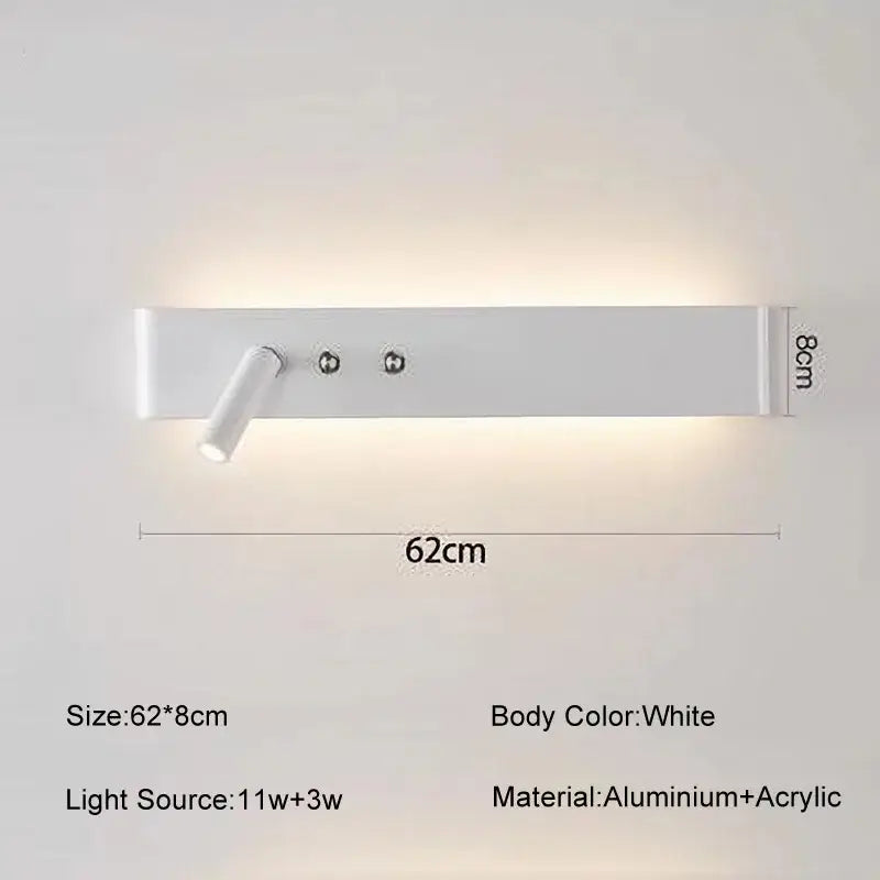 White rectangular aluminum wall light fixture with adjustable spotlight and wall light switch for living room and bedroom