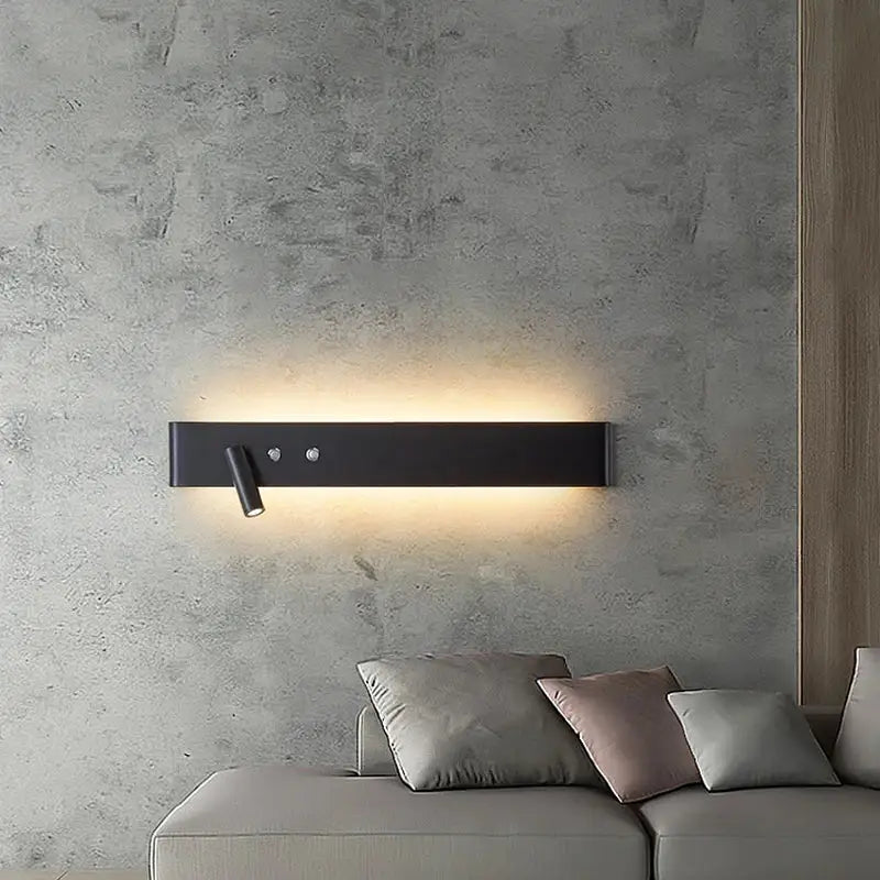 Modern black aluminum wall light switch with sleek rectangular design and adjustable spotlight for living room or bedroom