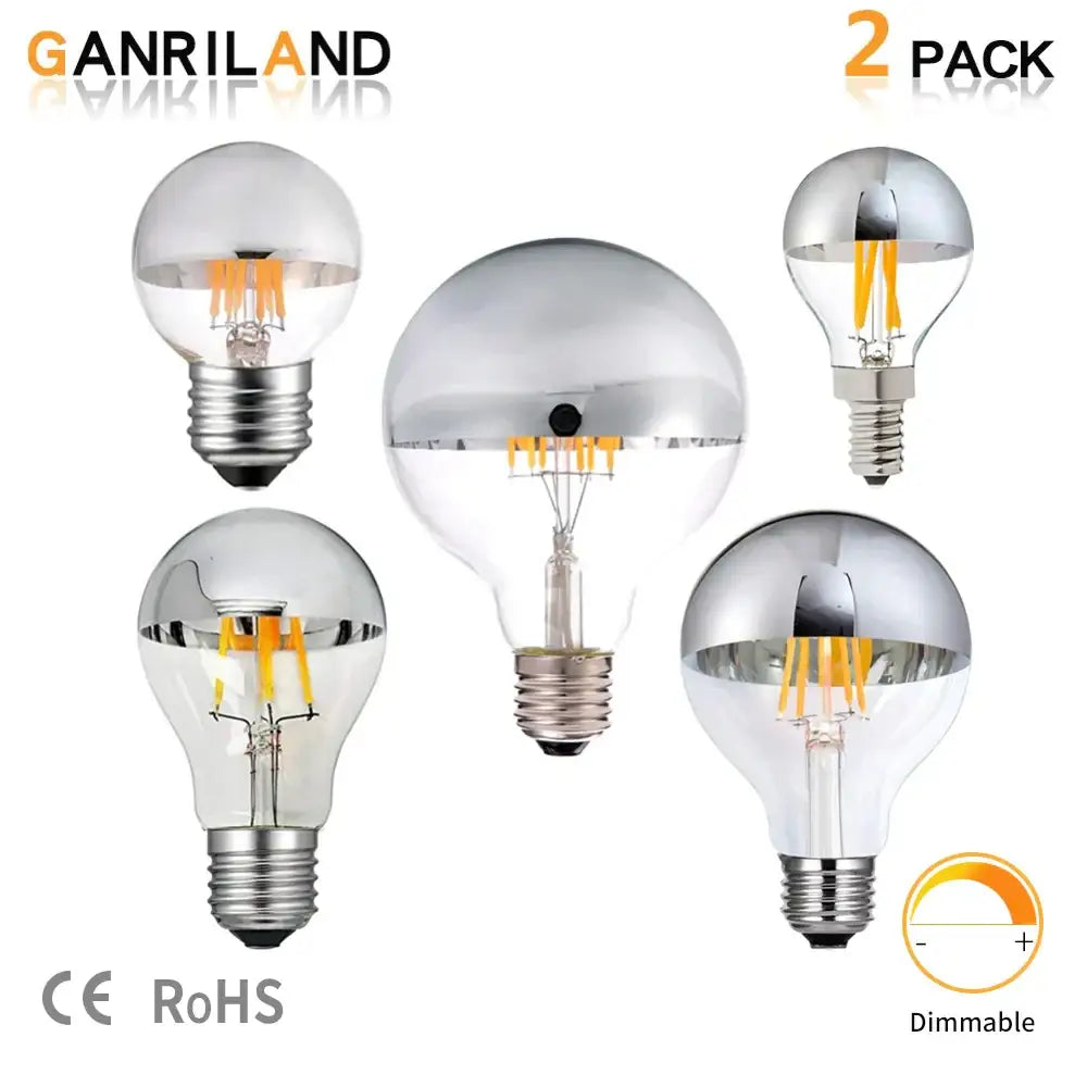 Set of five silver-finished decorbites™ led filament dimmable g45 bulbs with clear glass and metallic bases including one larger bulb