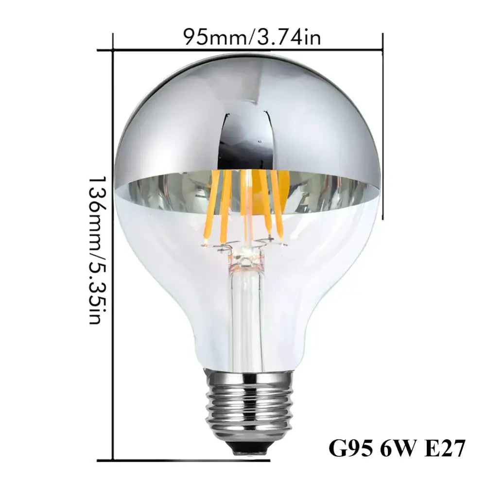 A sleek decorbites 8w led filament dimmable g45 bulb with chrome-finished glass globe and warm white 2700k light