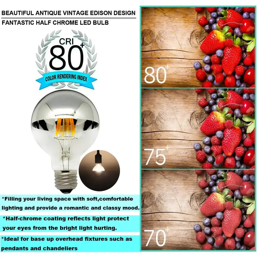 Beautiful DecorBites™ 8W led filament dimmable g45 silver mirror top bulb with warm glowing filament and half-chrome coating