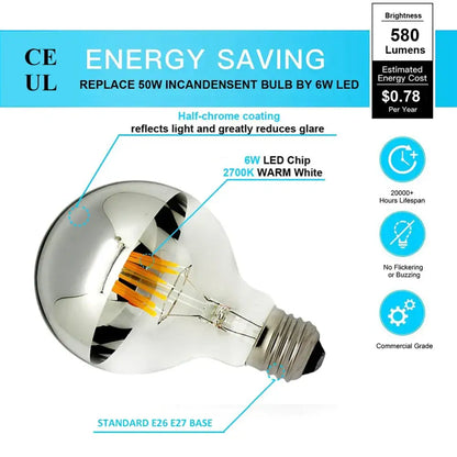 A decorbites™ 8w led filament dimmable g45 silver mirror top bulb with warm white 2700k light and e26 e27 base chrome finish