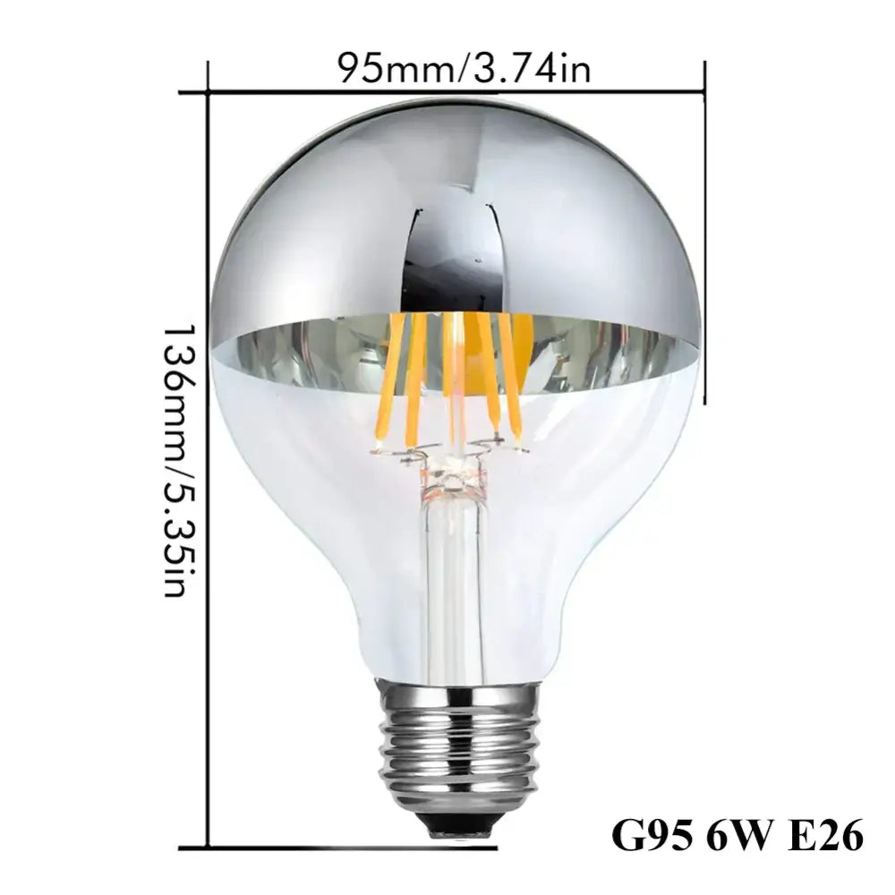DecorBites 8W led filament dimmable g45 silver mirror top bulb with chrome finish clear glass and visible filament design