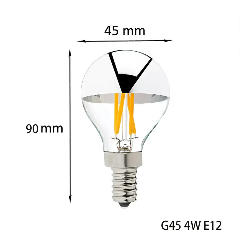 Clear glass DecorBites™ led filament dimmable g45 silver mirror top bulb with yellow filaments and metallic screw base