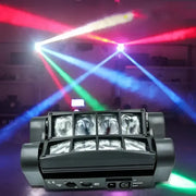 Black rectangular 8x10w led spider stage lights with silver lenses emitting red green and blue beams for dj disco use