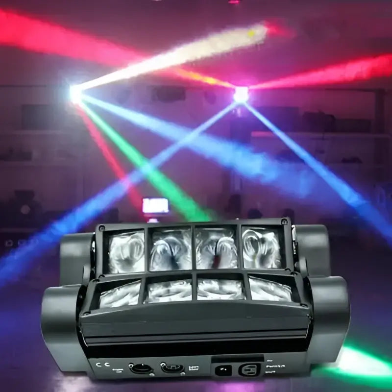 Black rectangular 8x10w led spider stage lights with silver lenses emitting red green and blue beams for dj disco use