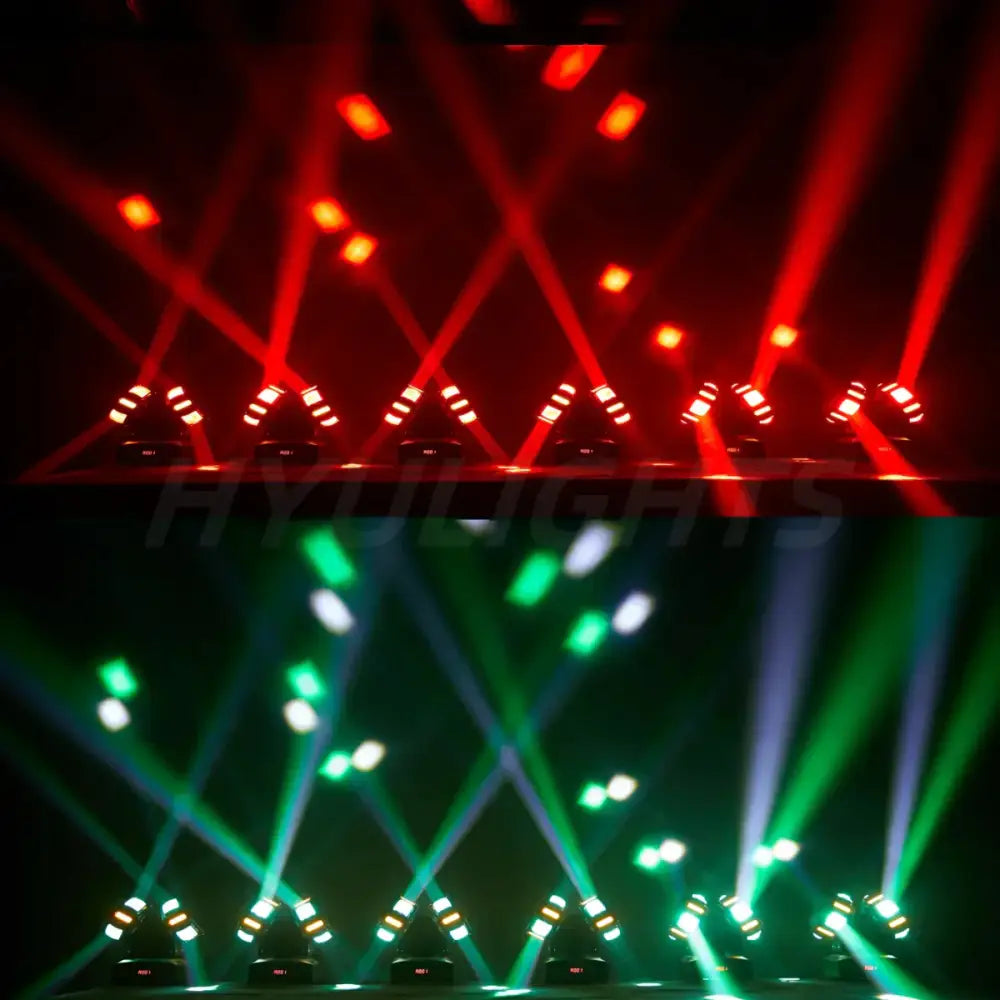 Decorbites 8x12w rgbw 140w dual head led dj light projecting red and green laser beams on a dark stage