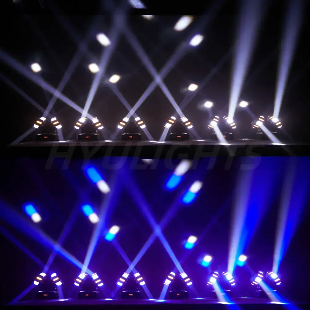 A row of black decorbites™ 8x12w rgbw 140w dual head led beam lights emitting white and blue beams in a dark space
