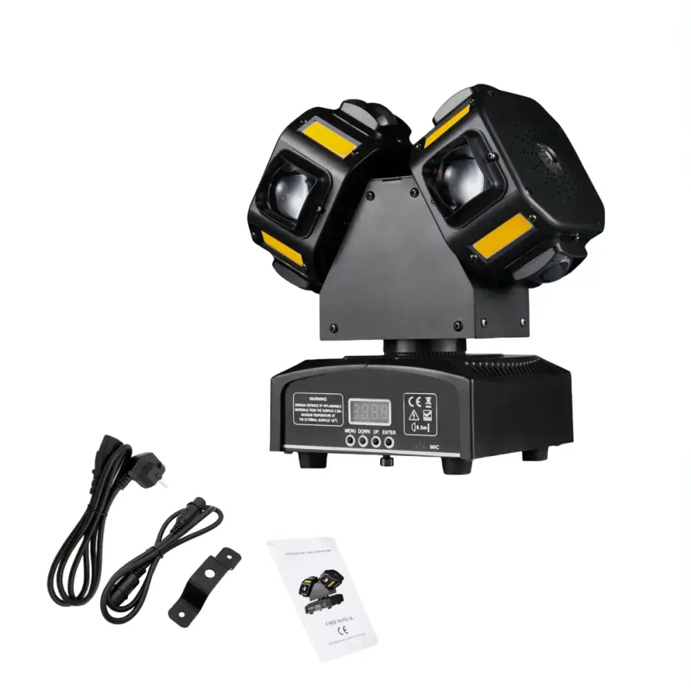 Black dual-head led moving head spotlight with yellow accents and digital display for decorbites™ 8x12w rgbw 140w dj light