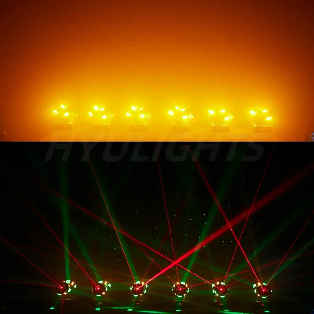 Decorbites 8x12w rgbw 140w dual head led beam strobe and laser dj light with six yellow beams and red green lasers