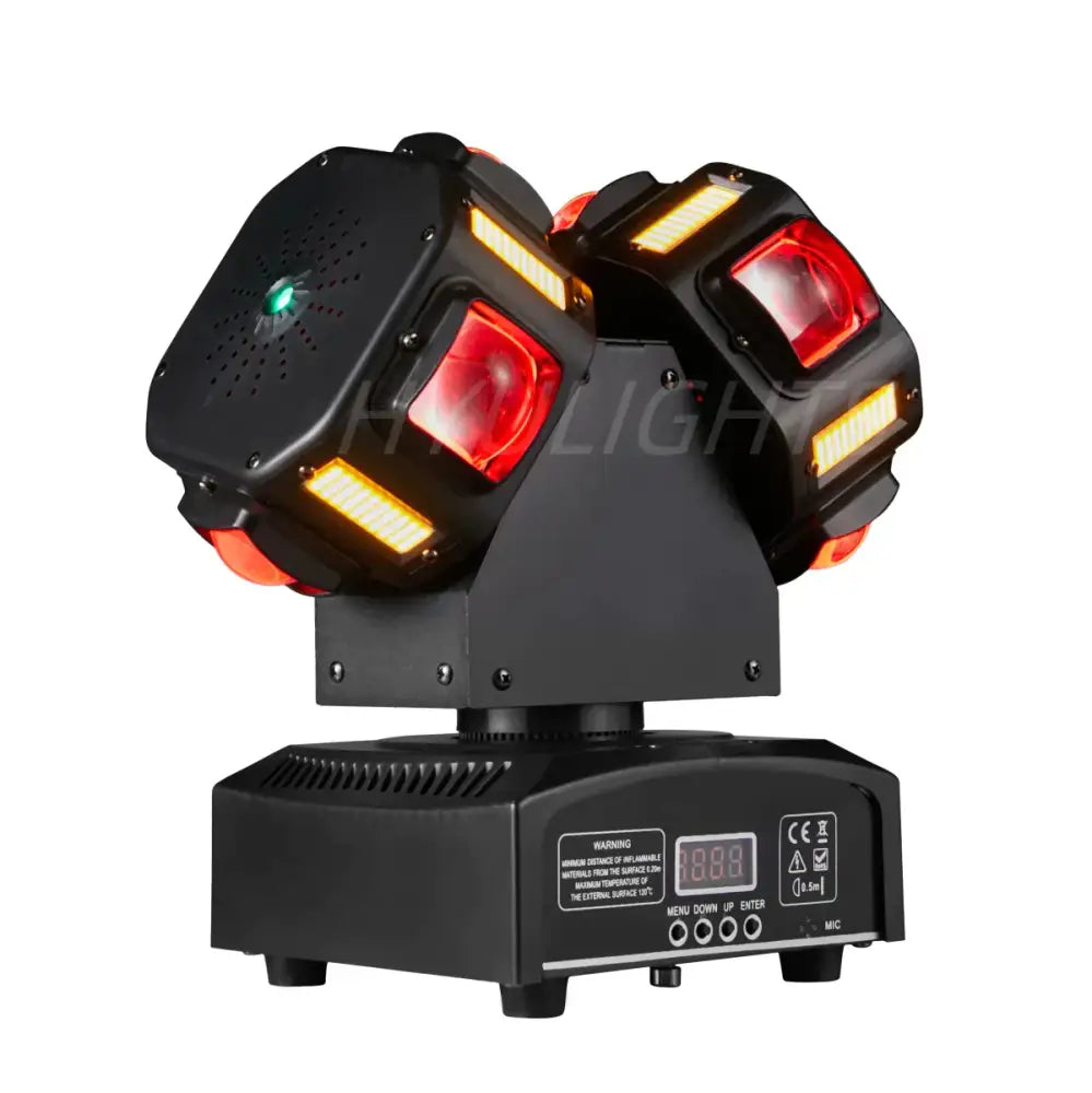 Black dual-head led stage light with red and yellow panels featuring 8x12w rgbw 140w for dj lighting effects