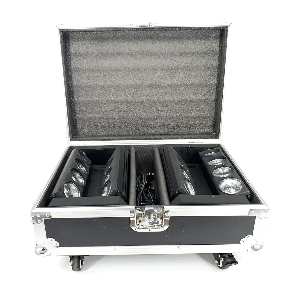 Black flight case with silver aluminum edges and wheels containing six black led spotlights for 8x15w rgbw spider moving head light
