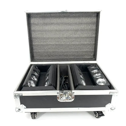 Black flight case with silver aluminum edges and wheels containing six black led spotlights for 8x15w rgbw spider moving head light