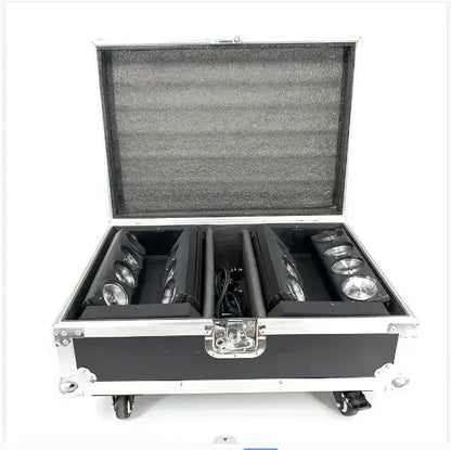 Black flight case with silver edges and wheels containing six black led spotlights for decorbites 8x15w rgbw spider moving head light