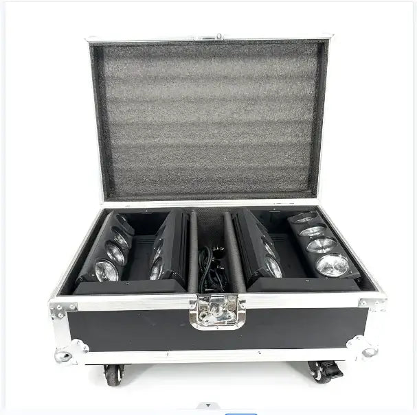 Black flight case with silver edges and wheels containing six black led spotlights for decorbites 8x15w rgbw spider moving head light