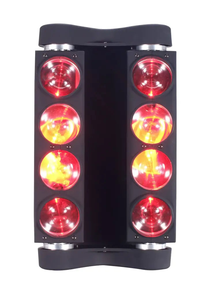 Black dual-column led 8x15w rgbw spider moving head light fixture with four red and amber bulbs on each side