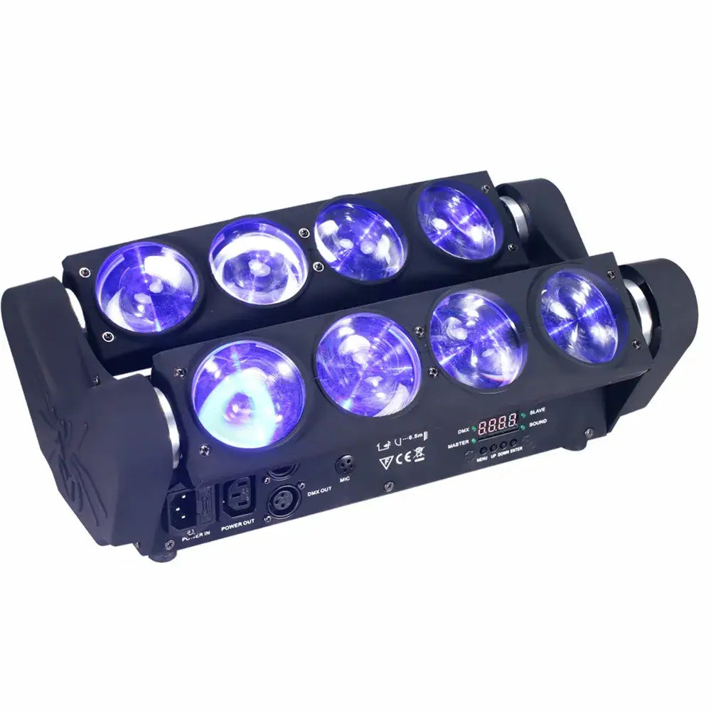 Black dual-row led light bar with six glowing purple lamps and control ports on the side for decorbites™ 8x15w rgbw spider