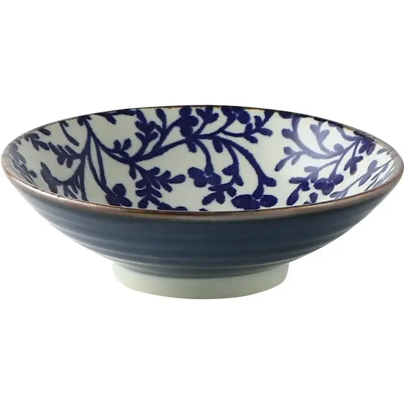 Decorbites™ 9.5’’ ceramic japanese ramen bowl with deep blue exterior and intricate white navy floral interior design