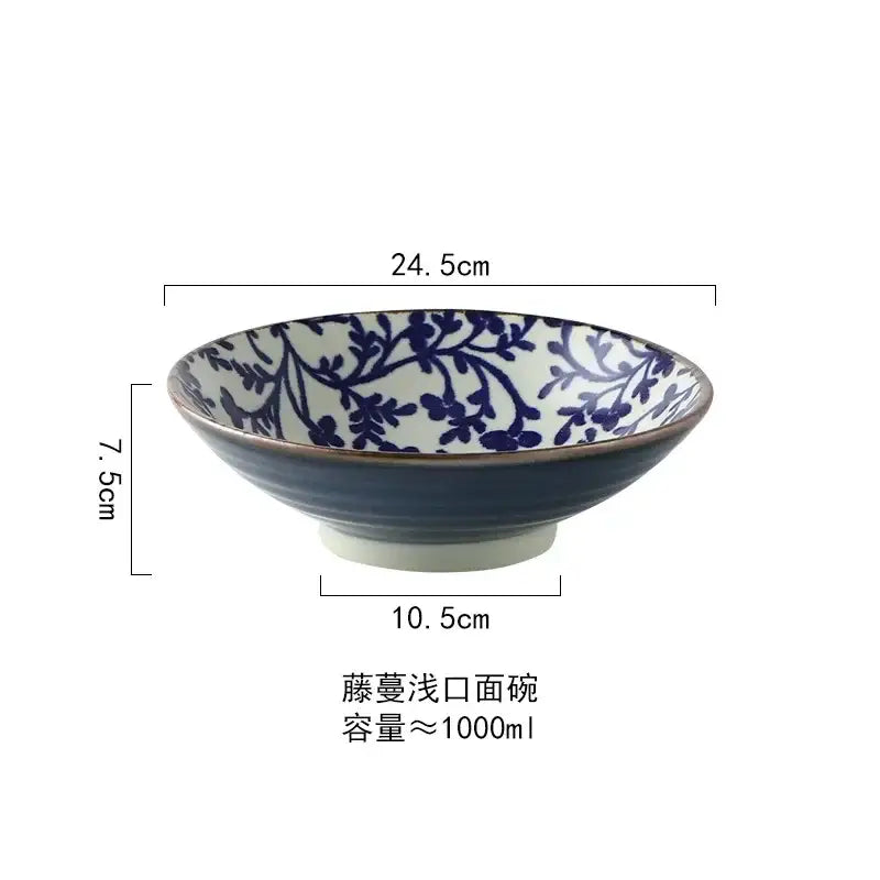 DecorBites™ 9.5 inch ceramic japanese ramen bowl with deep blue exterior and navy floral interior for soup or salad