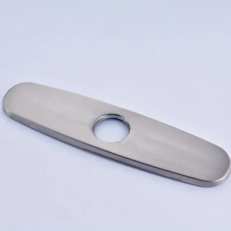 DecorBites™ stainless steel hole cover with brushed finish and rounded ends for kitchen sink faucet hole cover use