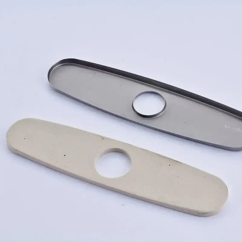 Stainless steel and beige ceramic sink faucet hole cover flange with central cutouts for kitchen sink faucet deck plate