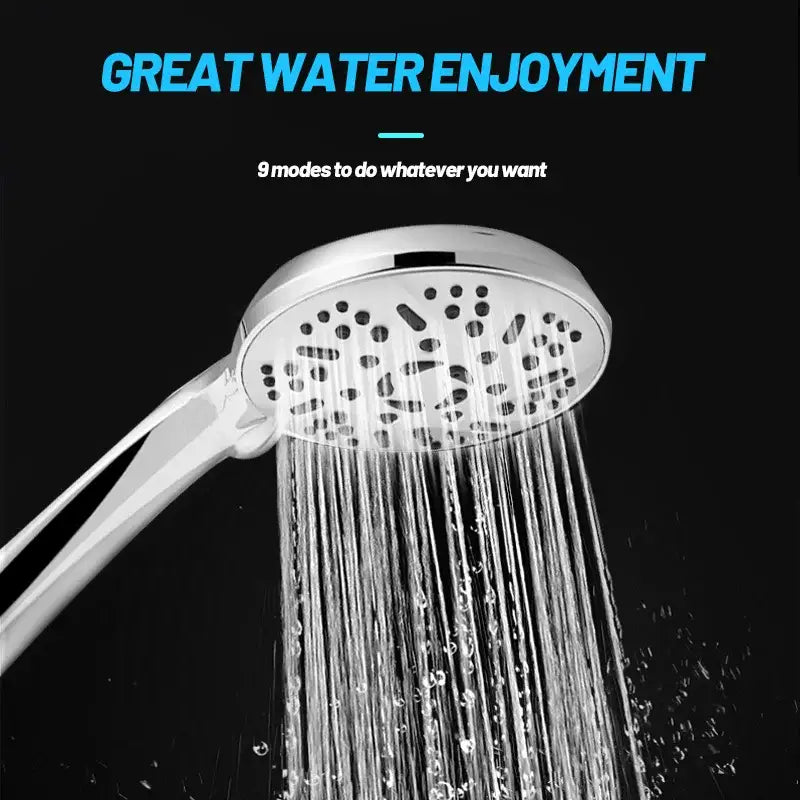 Silver handheld showerhead with a sleek, modern design and multiple spray holes for versatile water patterns.