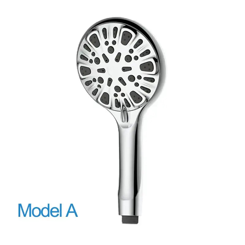 DecorBites™ chrome finished handheld shower head with circular face, multiple spray nozzles, and black rubberized accents