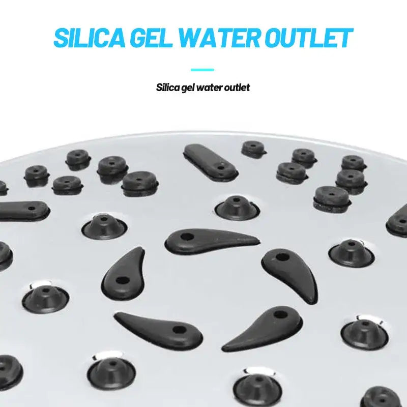 Silver-colored DecorBites™ handheld shower head with black plastic nozzles for high pressure massage and water saving
