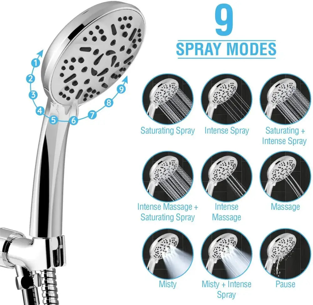 Chrome finished DecorBites handheld shower head with circular face multiple nozzles and nine spray settings for high pressure